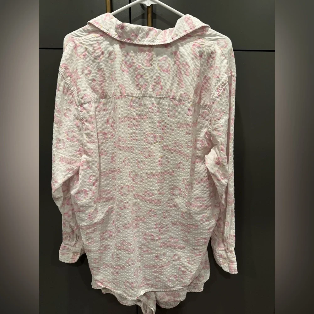 Aerie Wicked Pajama Set Seersucker Pink Graphic Button Down & Shorts M/L